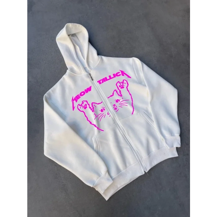 Kışlık Baskılı Fermuarlı Kapüşonlu Hırka  Beyaz