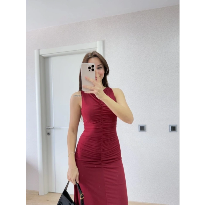 Kolsuz Büzgülü Uzun Elbise  Kırmızı