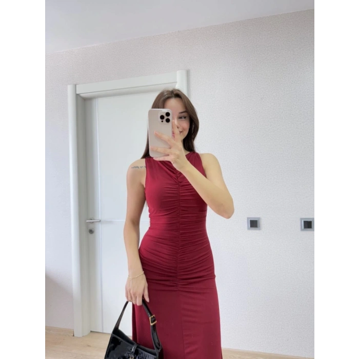 Kolsuz Büzgülü Uzun Elbise  Kırmızı