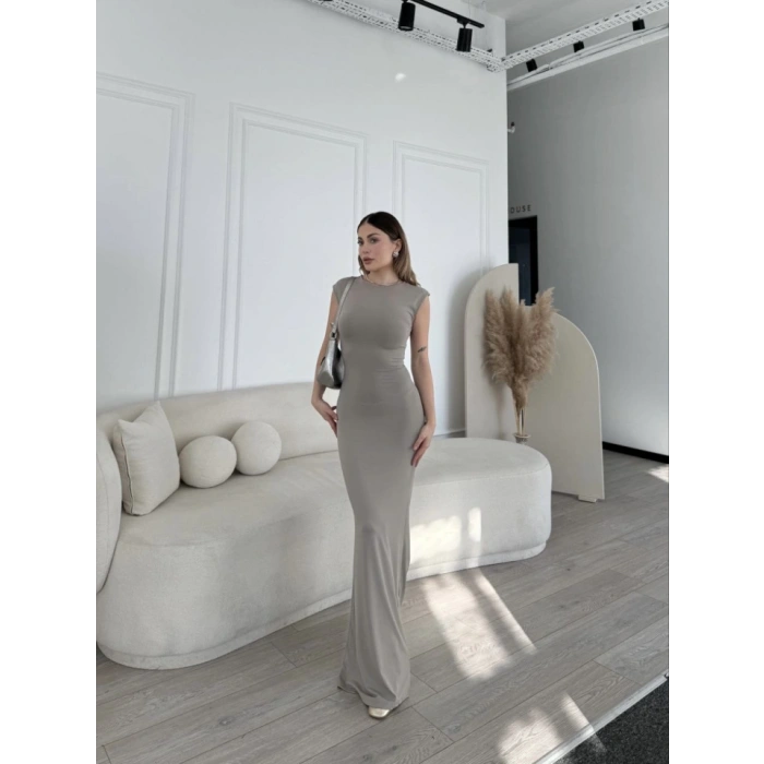 Kolsuz Uzun Likralı Elbise  Gri