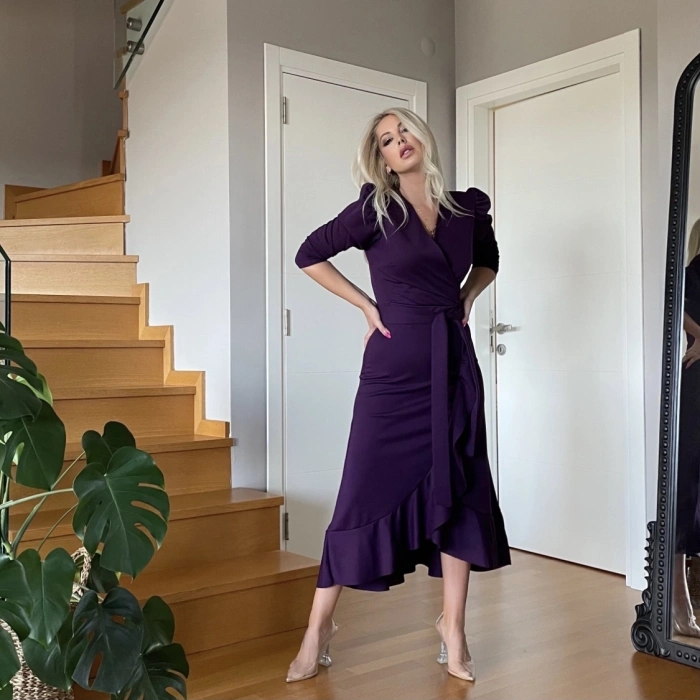 Krep Kumaş idi Boy Kuşaklı Uzunkol Elbise