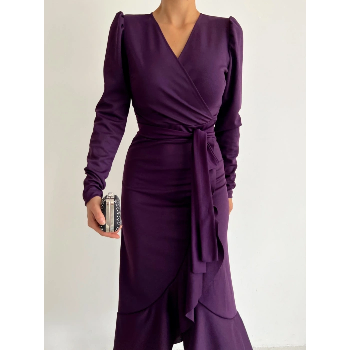 Krep Kumaş idi Boy Kuşaklı Uzunkol Elbise