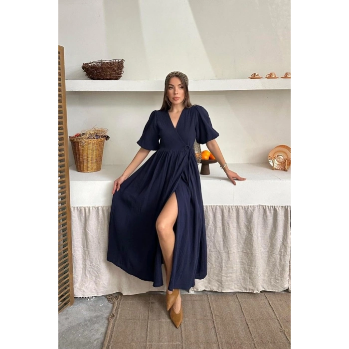 Lacivert Müslin Uzun Elbise