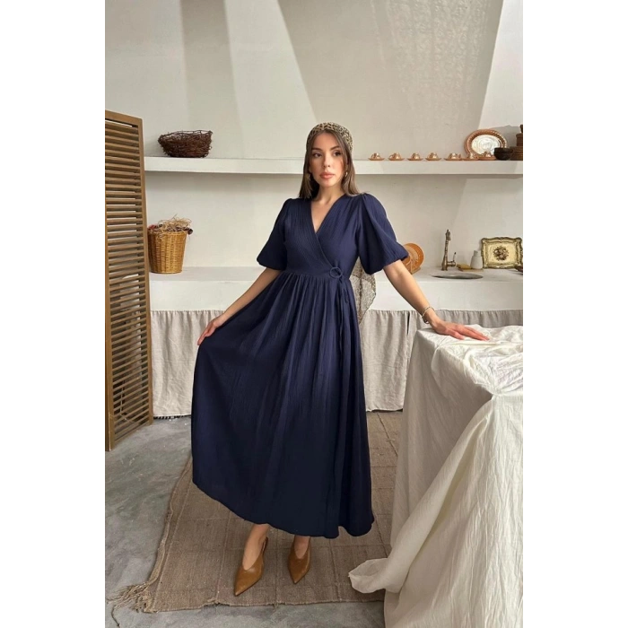 Lacivert Müslin Uzun Elbise