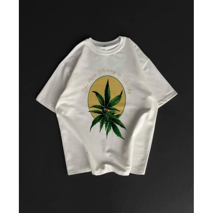 Ön Ve Arka Baskılı Oversize Bisiklet Yaka Tshirt Beyaz