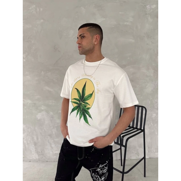 Ön Ve Arka Baskılı Oversize Bisiklet Yaka Tshirt Beyaz