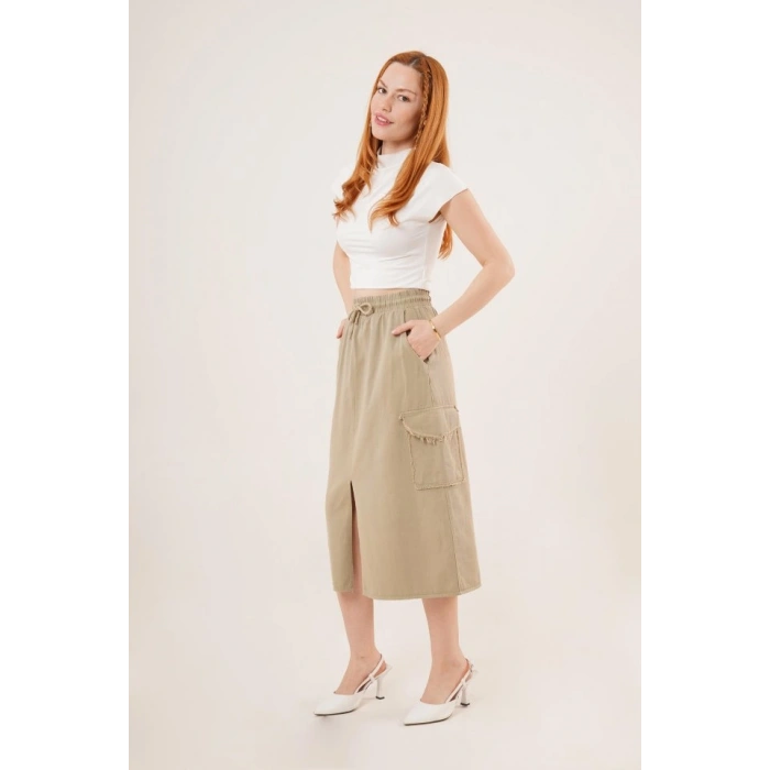 Ön Yırtmaçlı Cep Detaylı Haki Etek