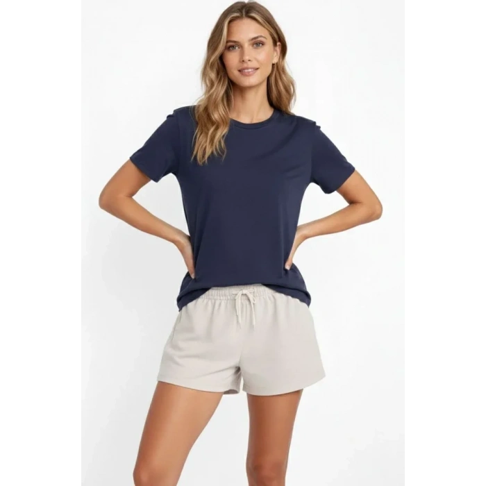 Osy odal Yumuşak Dokulu Kumaş Bisiklet Yaka Tshirt  İndigo