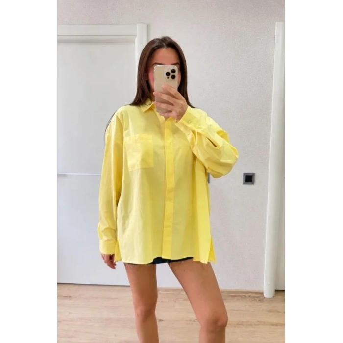 Oversize Pens Detaylı Cepli Yırtmaçlı Rahat Kalıp Poplin Gömlek  arı