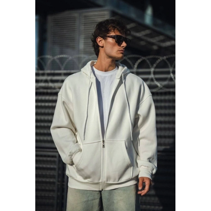 Oversize Tam Fermuarlı Uzun Kol Hırka  Beyaz