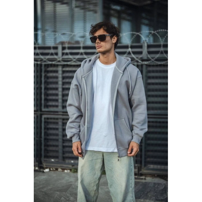 Oversize Tam Fermuarlı Uzun Kol Hırka  Gri