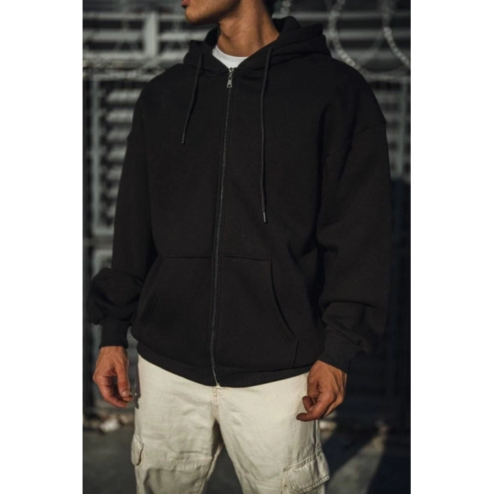 Oversize Tam Fermuarlı Uzun Kol Hırka  iyah