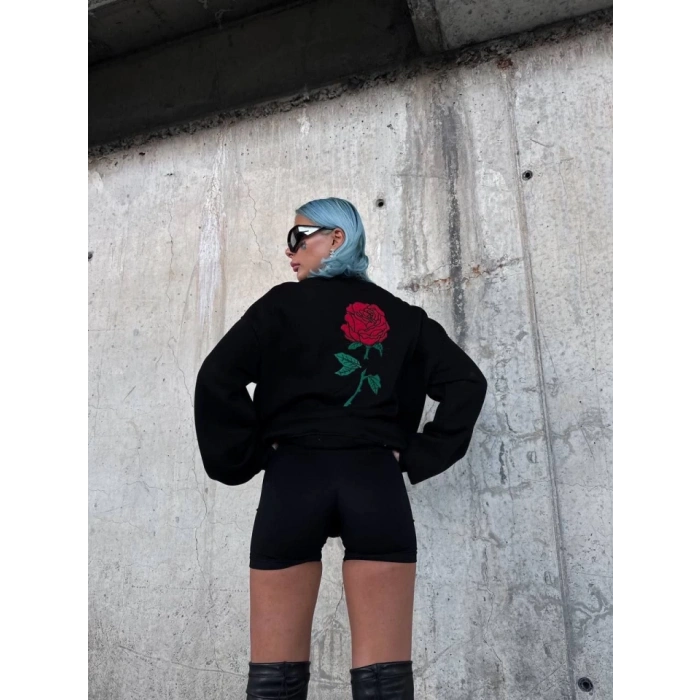 Oversize Üç İplik Bisiklet Yaka Baskılı weathirt  iyah