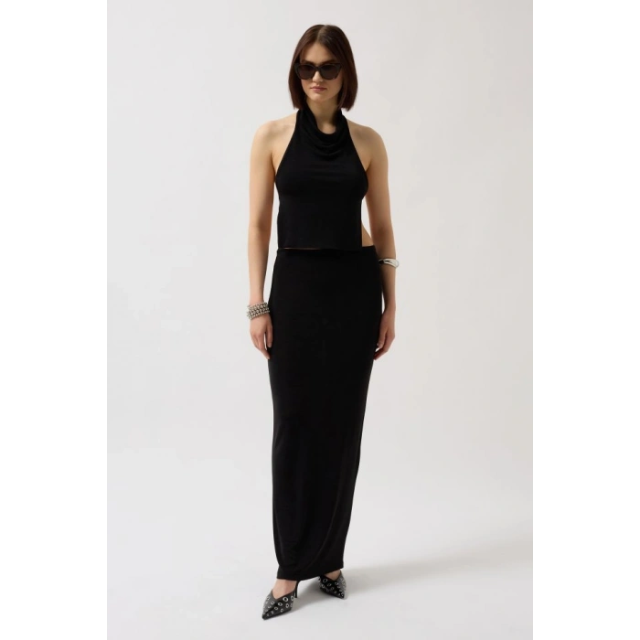 Parlak Kumaş Maxi Etek