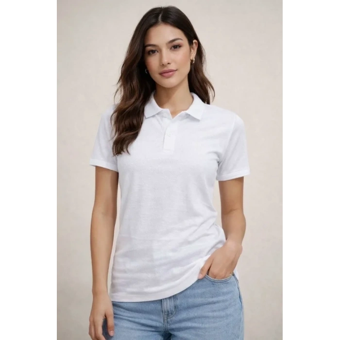 Polo Yaka Pike Kumaş Düğmeli Basic Tişört Thirt Günlük Rahat  Beyaz