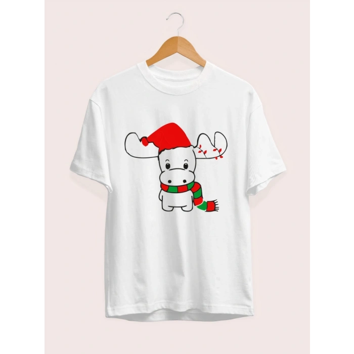 Ren Geyiği Baskılı Noel İçin Tshirt  Beyaz