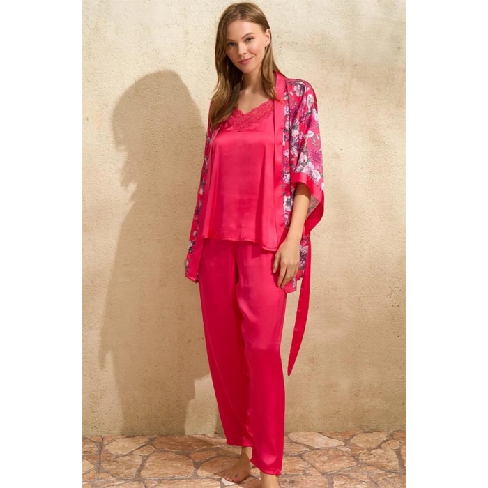 Saten Çiçek Baskılı Sabahlık Dantelli Atlet ve Pantolon Pijama 3lü Takım