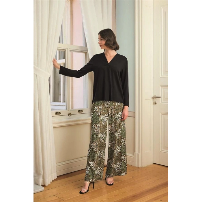 Secretsita Çiçek Yaprak ve Etnik Desenli Uzun Kollu Pijama Takımı