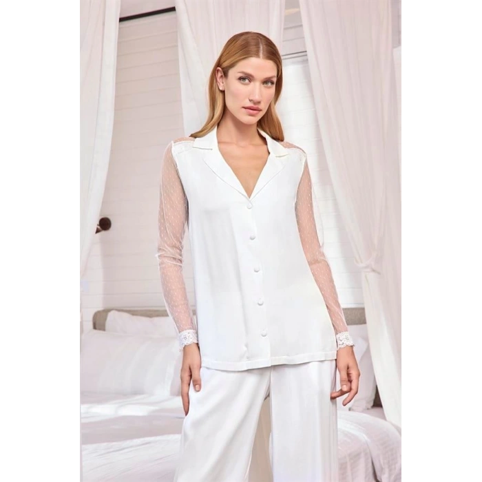 Secretsita Dantelli ve Tüllü Uzun Kollu Önü Düğmeli Saten Pijama Takımı