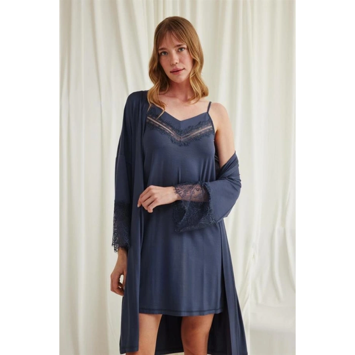 Secretsita Dekolteli Yakası ve Kolu Dantelli Sabahlık Takımı