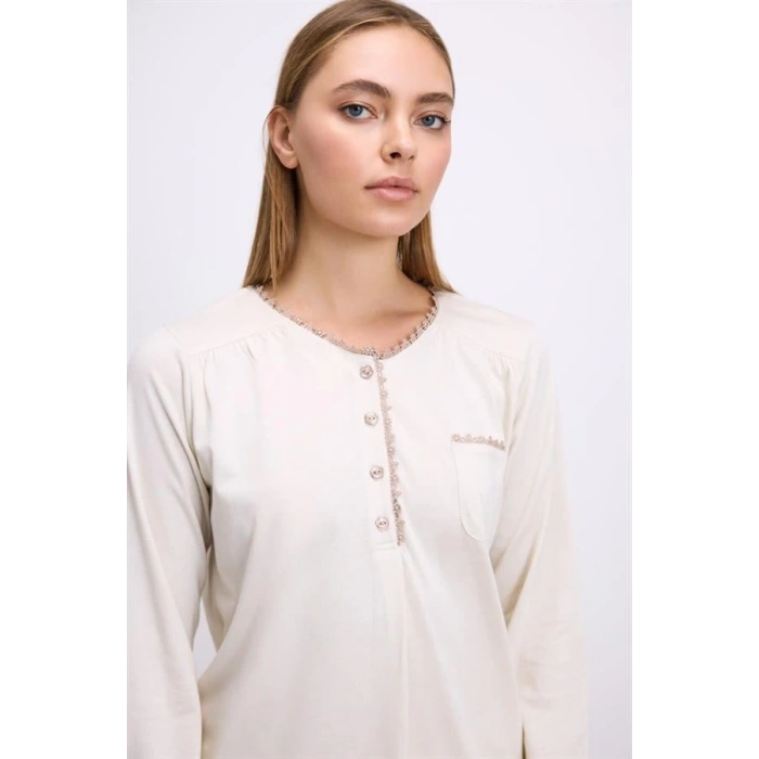 Secretsita Fil Dişi Modal Pamuklu Uzun Kollu Düğmeli 2li Pijama Takımı