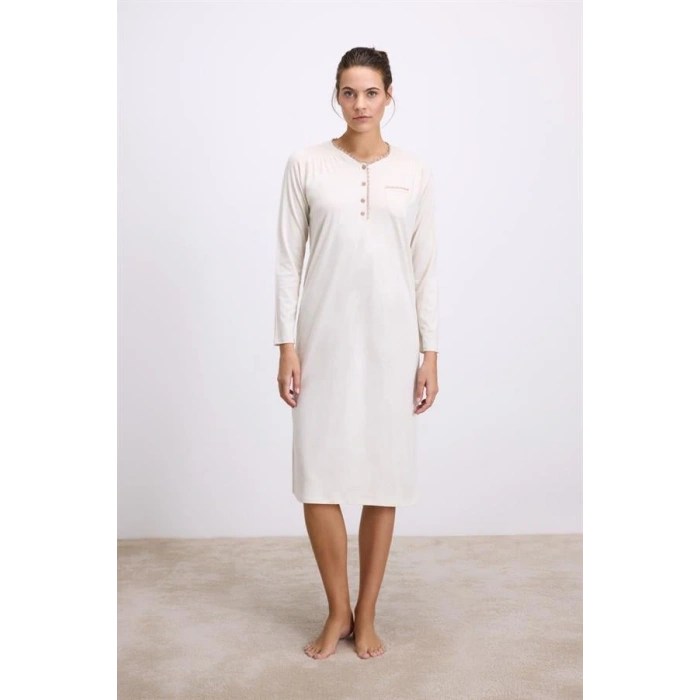 Secretsita Fil Dişi Modal Uzun Kollu Düğmeli Gecelik