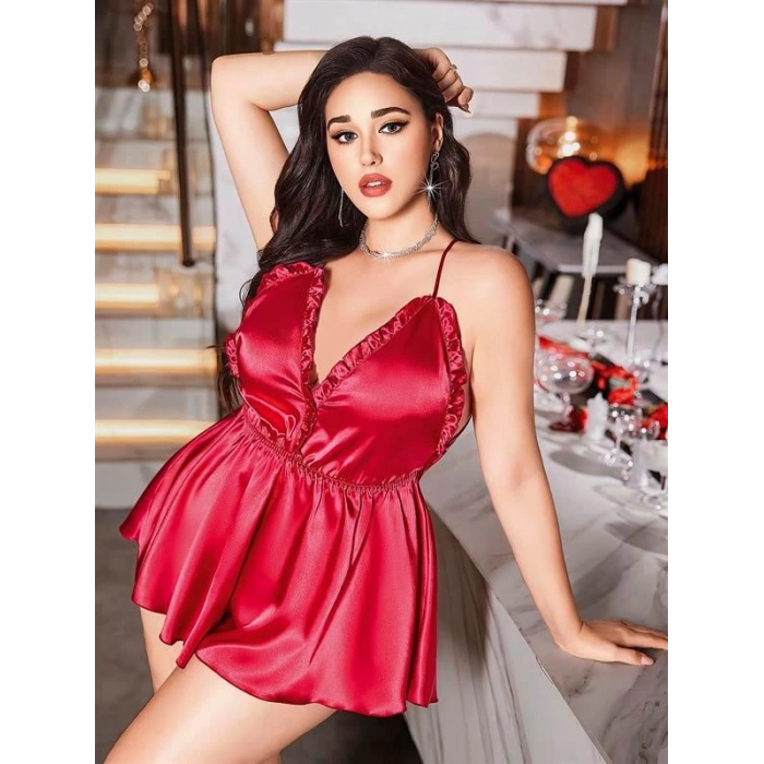 Secretsita Kırmızı Büyük Beden Saten Babydoll Gecelik