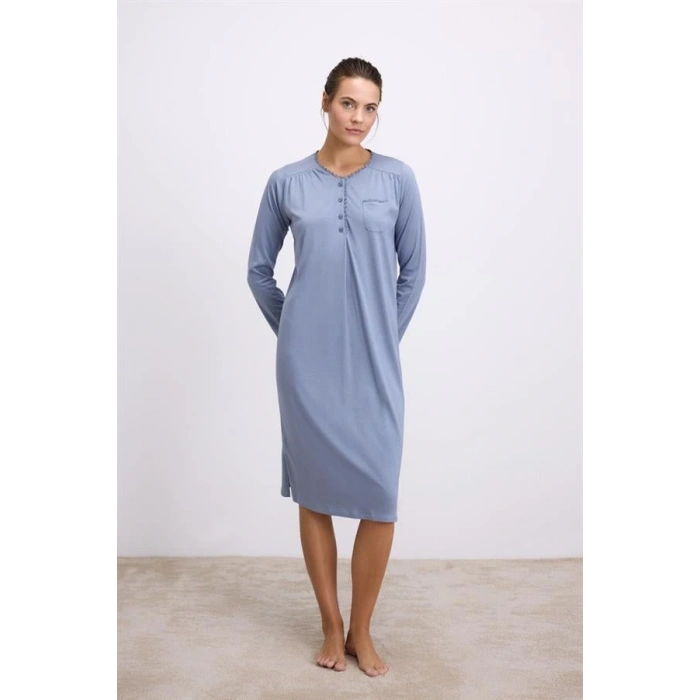 Secretsita Modal Uzun Kollu Düğmeli Gecelik