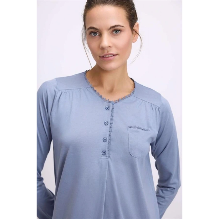 Secretsita Modal Uzun Kollu Düğmeli Gecelik