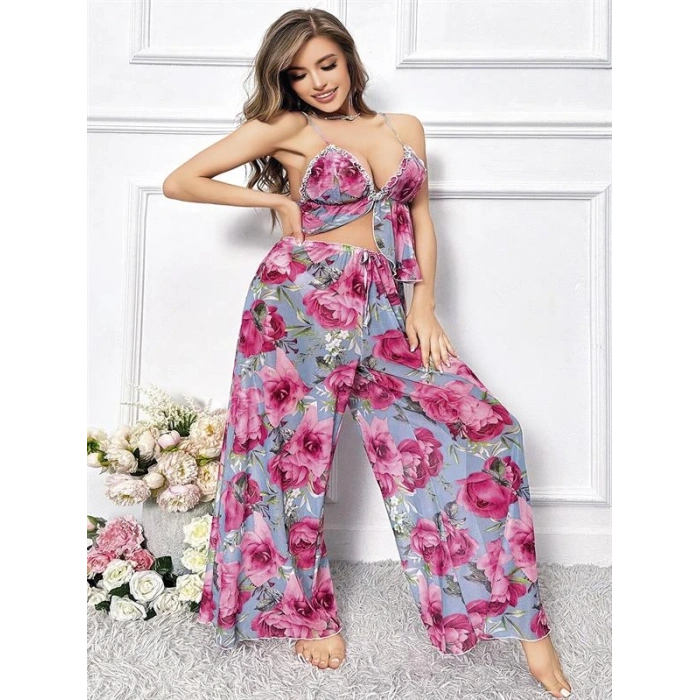 Secretsita Özel Tasarım Büyük Beden Kırmızı Çiçek Desenli Bol Kesim 2li Pijama Takımı