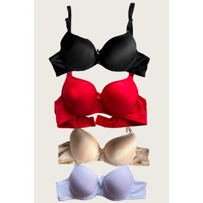 Secretsita Siyah-Beyaz-Kırmızı-Ten 4lü Dolgulu Push Up Micro Balenli Günlük Tek Destekli Sütyen