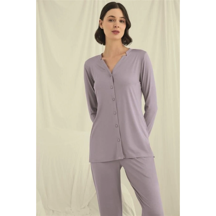 Secretsita Uzun Kollu Boydan Düğmeli V Yaka Pijama Takımı