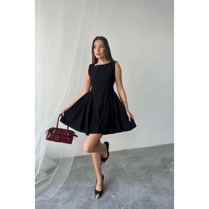 Siyah ini Boy Büzgülü Keten Elbise