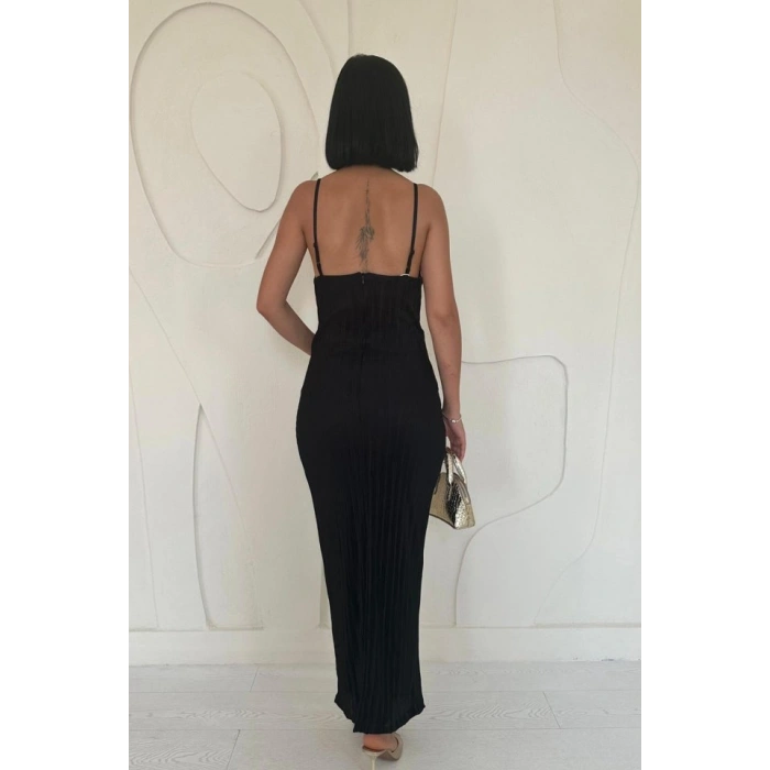 Siyah Piliseli Halter Boyun Elbise