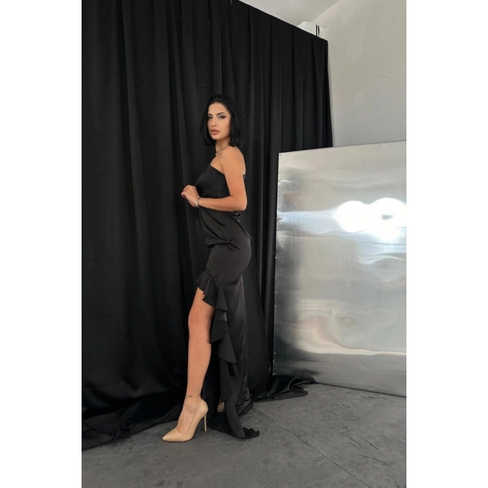 Siyah Volanlı Saten Abiye