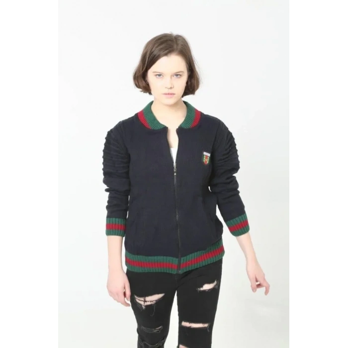 Tam Fermuarlı Triko Hırka  acivert