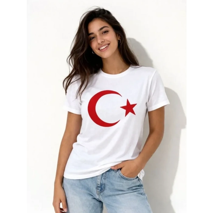 Thirt Kısa Kol Bisiklet Yaka Ay Yıldız Bayrak Baskılı Tişört  Beyaz