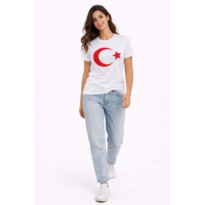 Thirt Kısa Kol Bisiklet Yaka Ay Yıldız Bayrak Baskılı Tişört  Beyaz