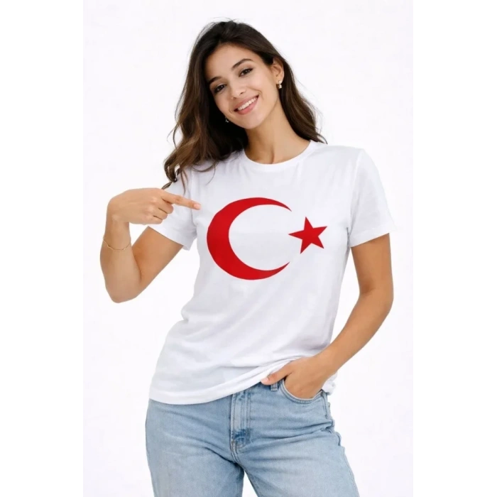 Thirt Kısa Kol Bisiklet Yaka Ay Yıldız Bayrak Baskılı Tişört  Beyaz