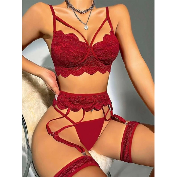 Transparan Bordo Dantel İşlemeli Sütyenli Jartiyer Takımı