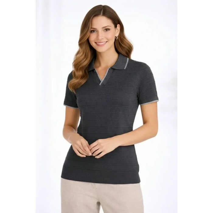 Triko Kumaş Yakalı Düğmesiz Açık Yaka Fitilli Kısa Kollu Regular Fit Tişört Tshirt  iyah