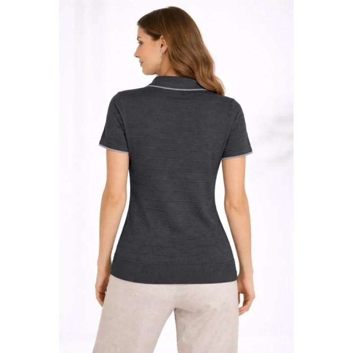 Triko Kumaş Yakalı Düğmesiz Açık Yaka Fitilli Kısa Kollu Regular Fit Tişört Tshirt  iyah