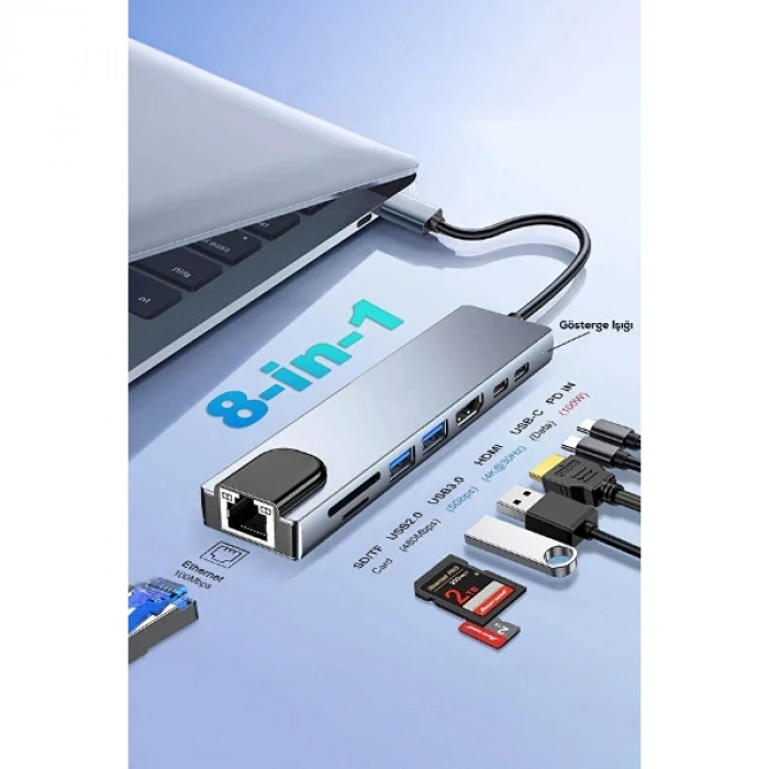 Type C Girişli 8 Port Dönüştürücü Ve Çoklayıcı