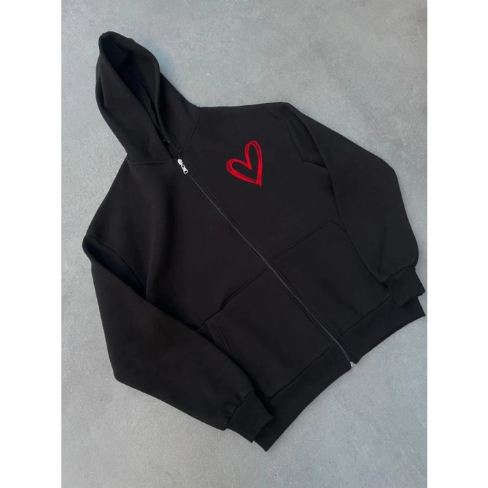 Üç İplik Baskılı Fermuarlı Kapşonlu Hırka  iyah