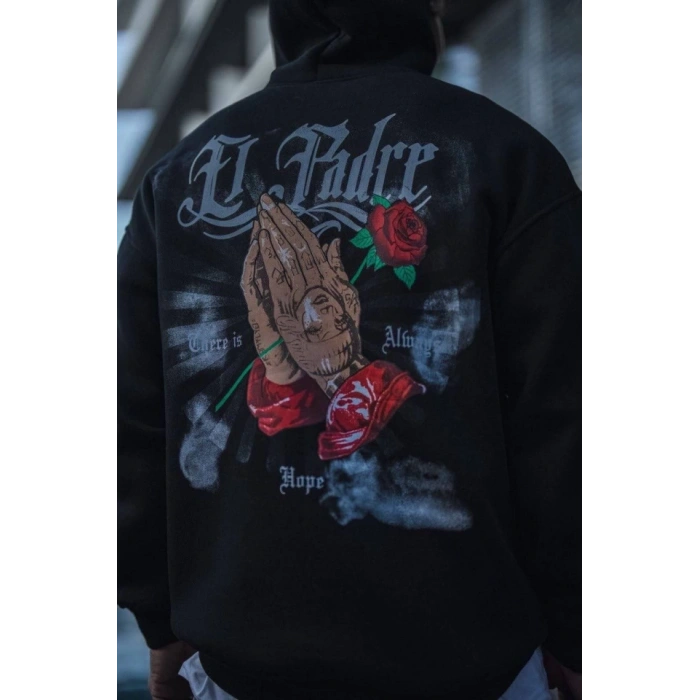 Üç İplik Penye Kapşonlu Baskılı weathirt  iyah