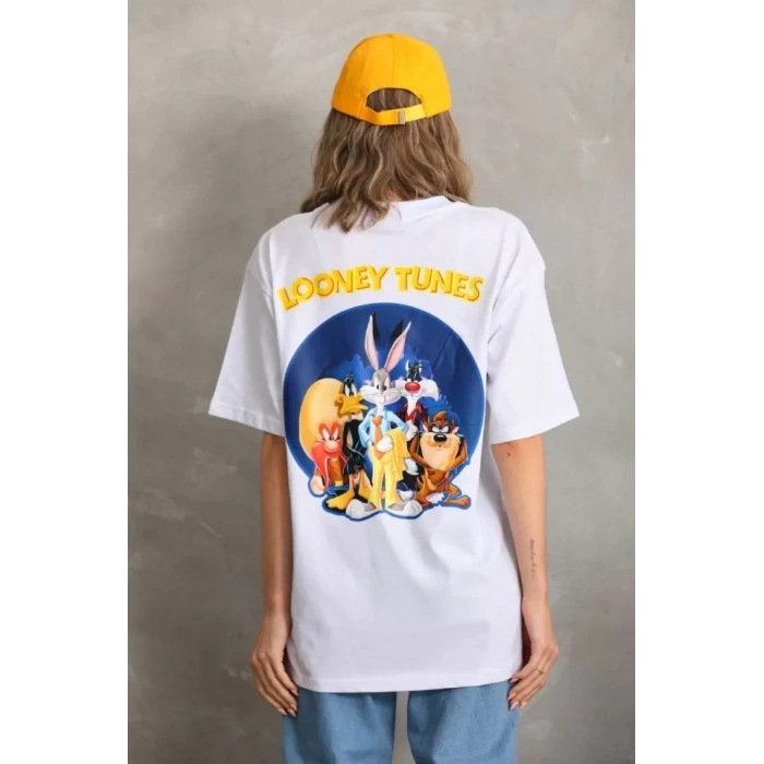 Unisex Baskılı Oversize Thirt  Beyaz