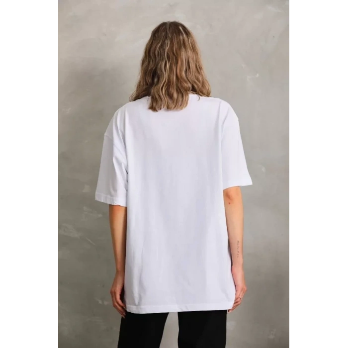 Unisex Bisiklet Yaka 20/1 Düz Oversize Thirt  Beyaz