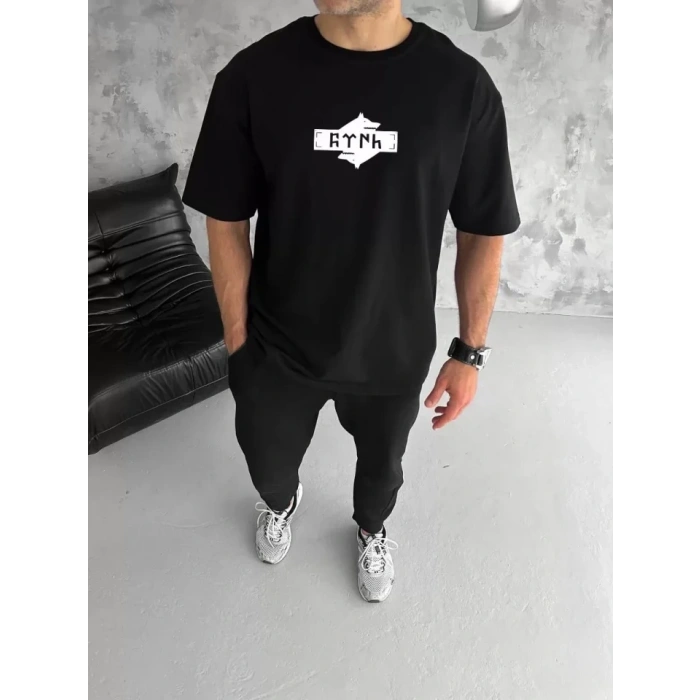 Unisex Bisiklet Yaka Baskılı Double Oversize Thirt  iyah