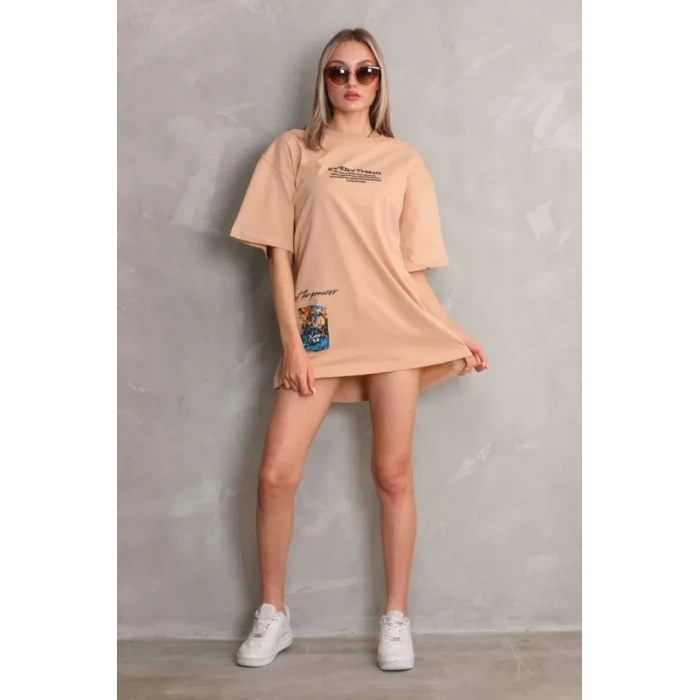 Unisex Bisiklet Yaka Baskılı Oversize Thirt  Bej