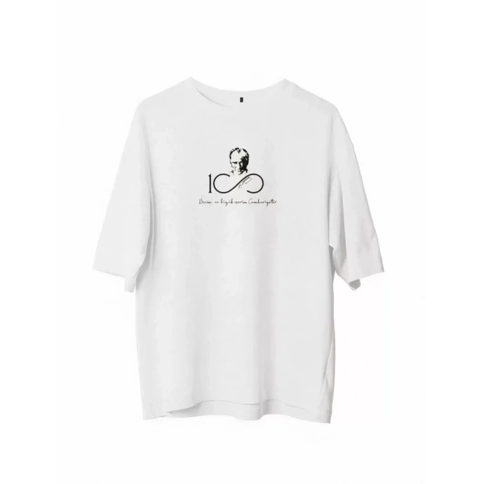 Unisex Bisiklet Yaka Baskılı Oversize Thirt  Beyaz